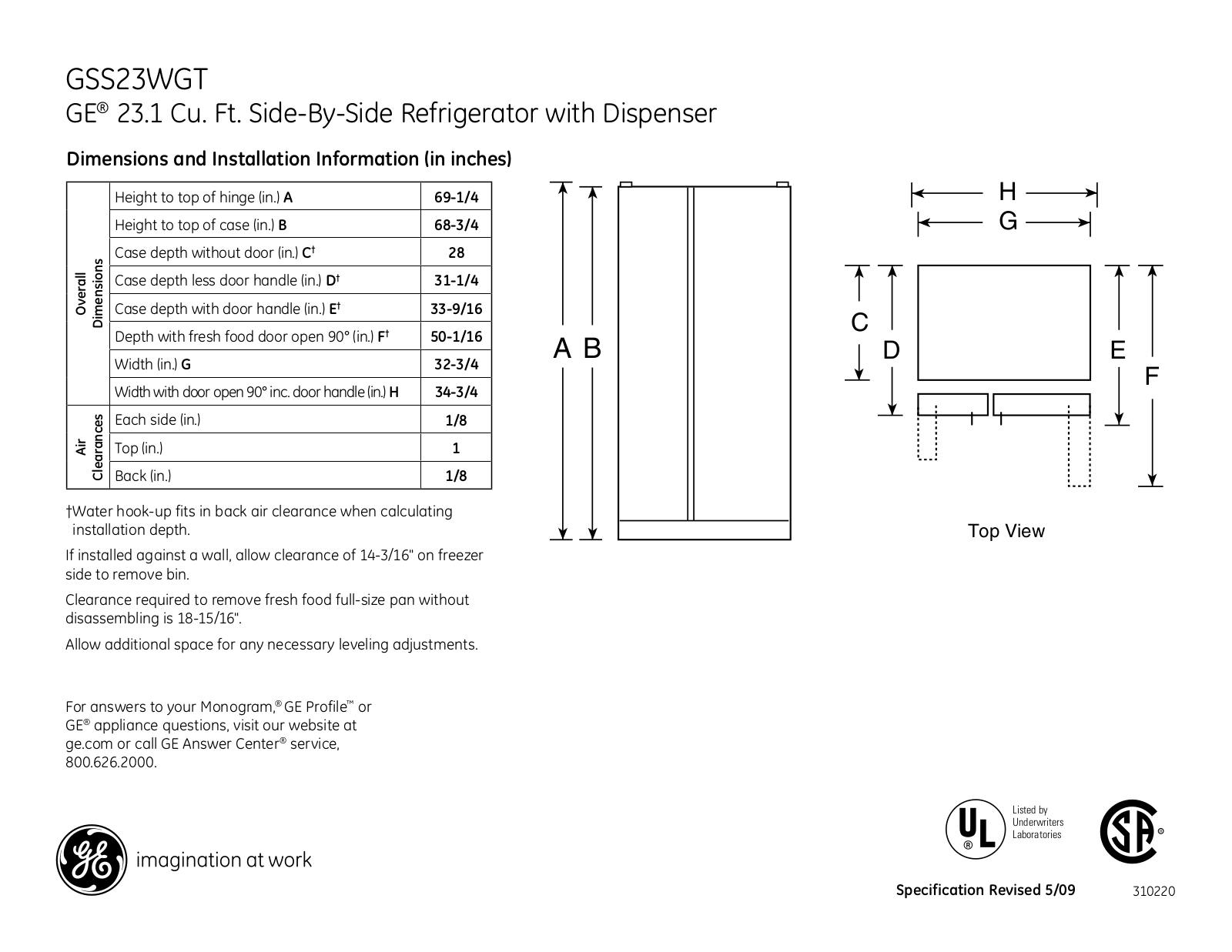 GE GSS23WGT Specification