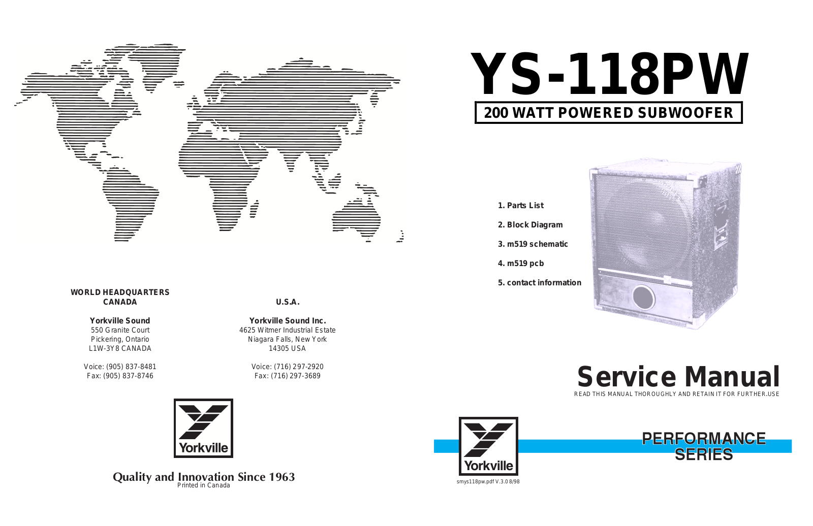 Yorkville YS-118-PW Service manual