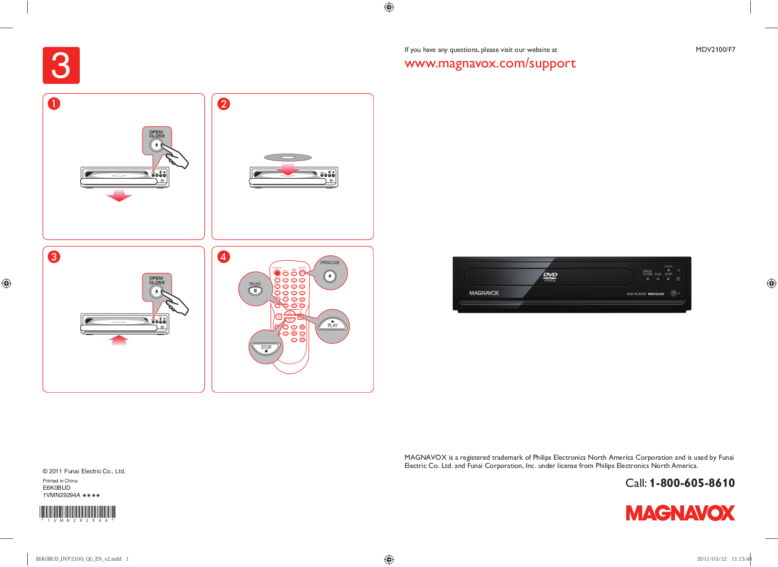 Magnavox MDV2100/F7 Quick Start Guide