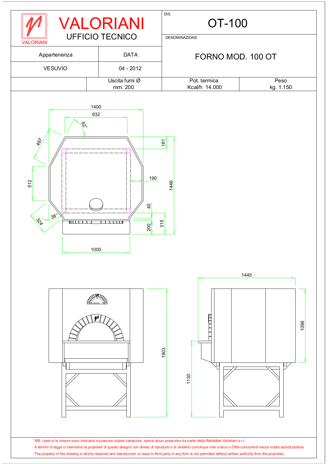 Valoriani Vesuvio 100 OT Dimensions