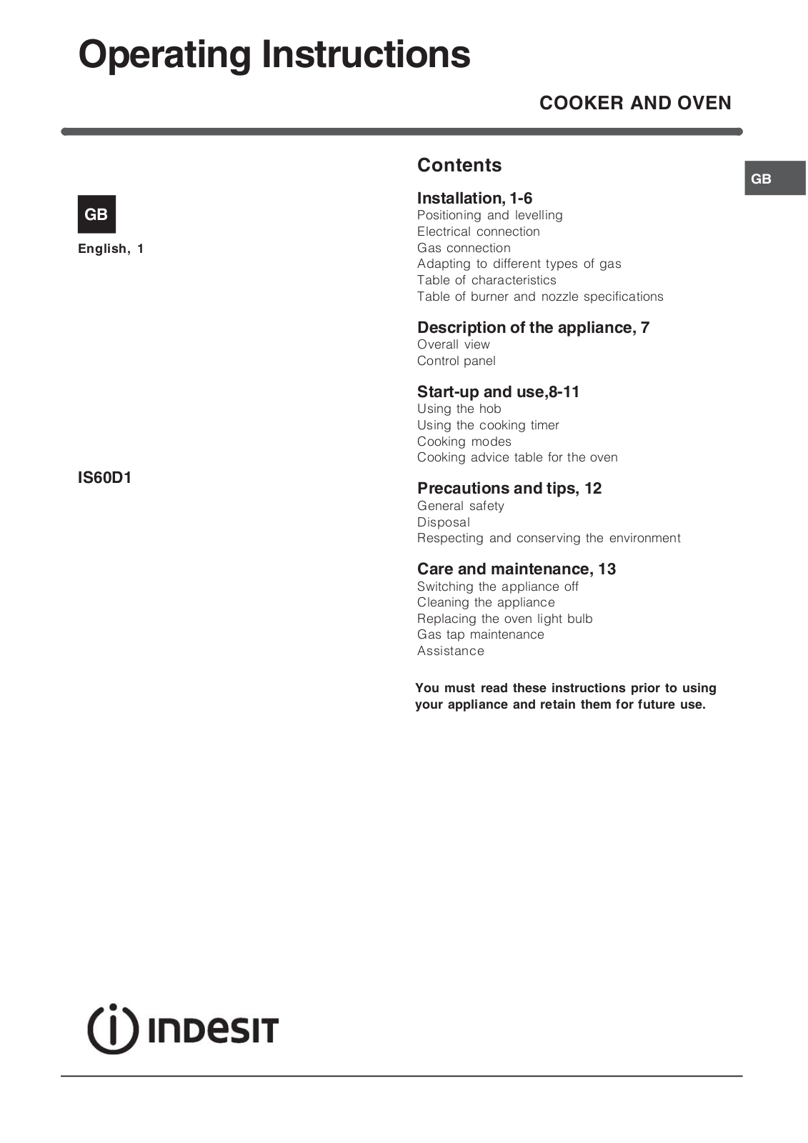 Indesit IS60D1X User Manual