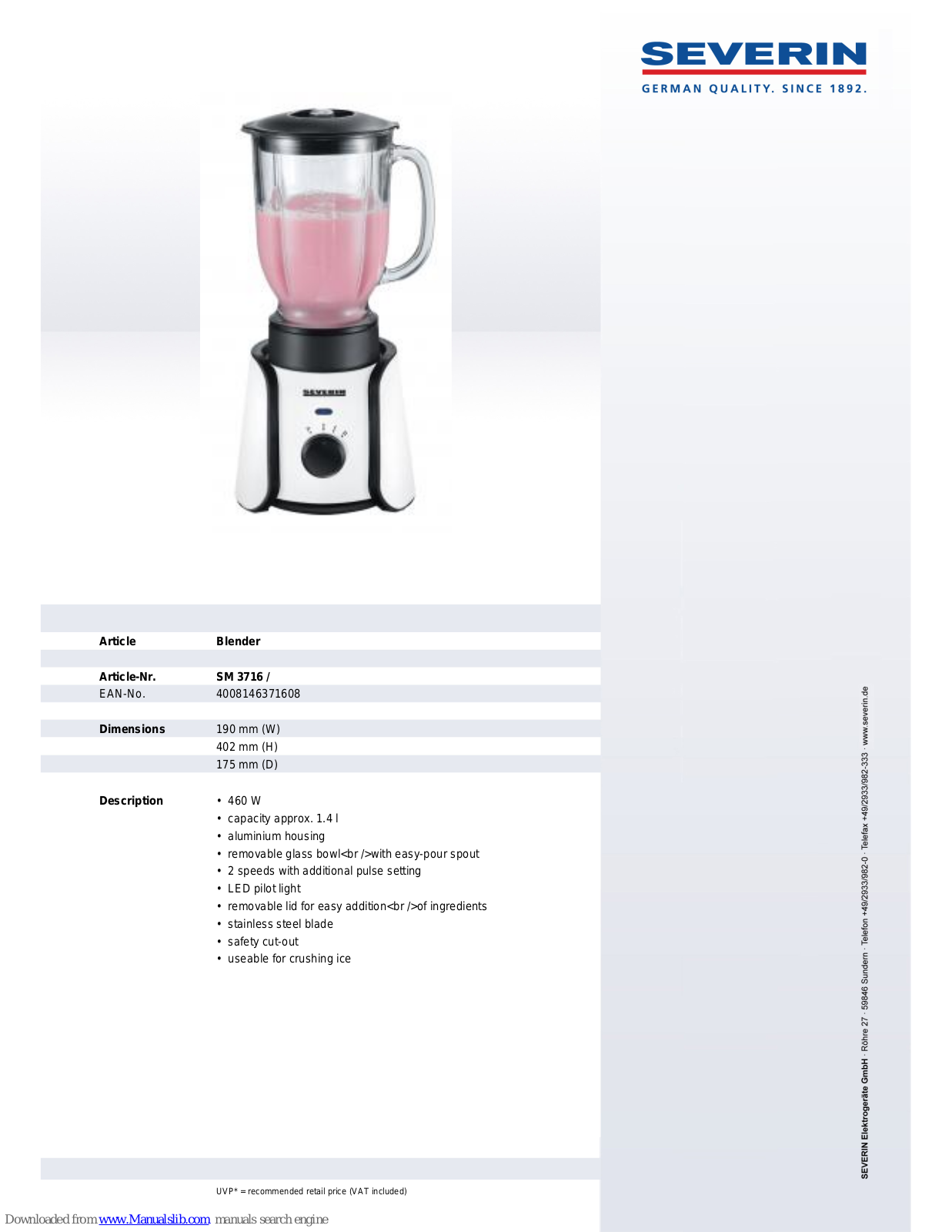 SEVERIN SM 3716,SM 3716 Dimensions