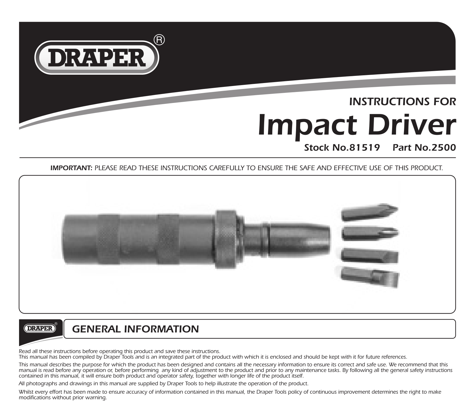 Draper 81519, 2500 Instruction Booklet