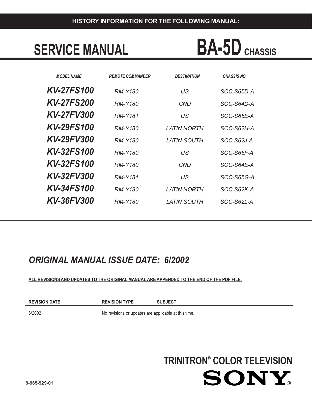 Sony KV-27FS200, KV-34FS100, KV-32FS100, KV-29FS100, KV-27FS100 Service Manual