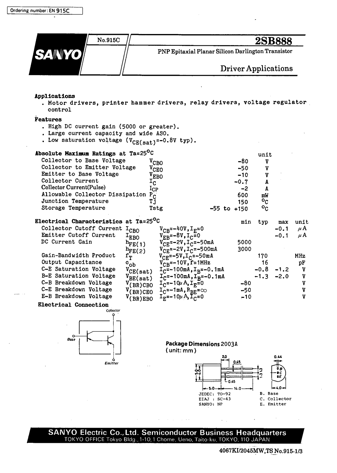 SANYO 2SB888 Datasheet