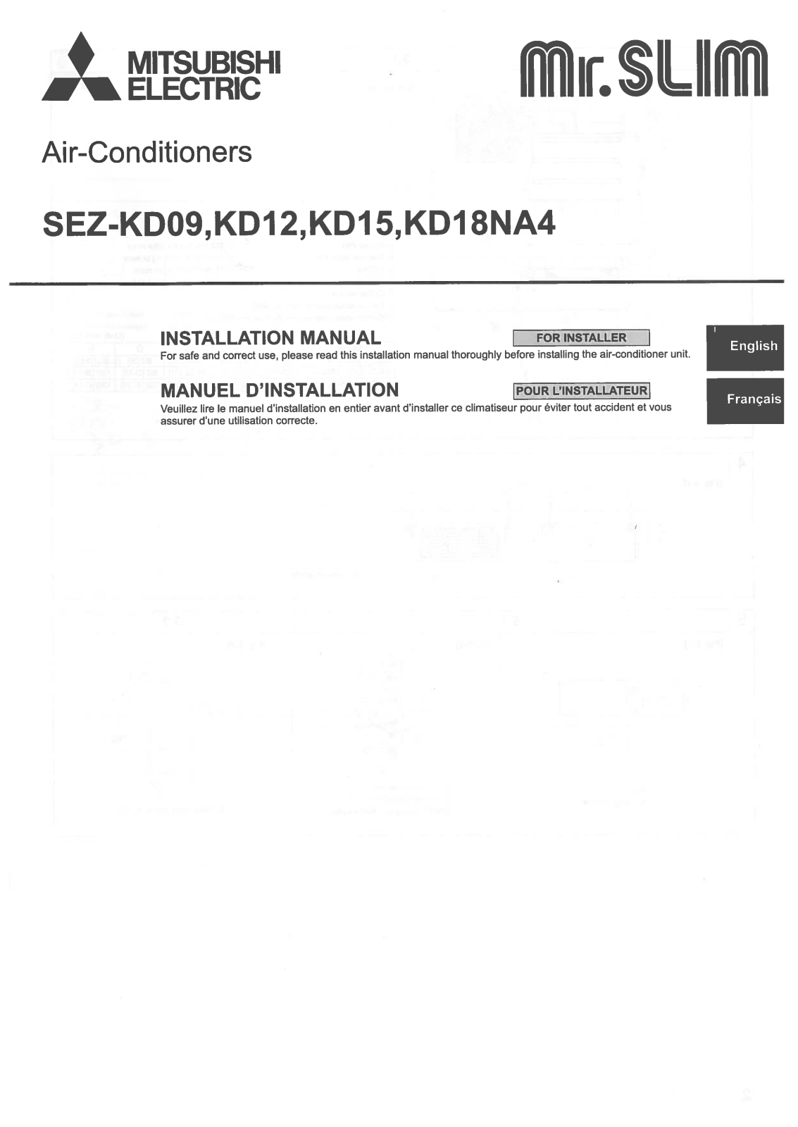 Mitsubishi Electronics SEZ-KD09NA4, SEZ-KD12NA4, SEZ-KD15NA4, SEZ-KD18NA4 Installation Manual
