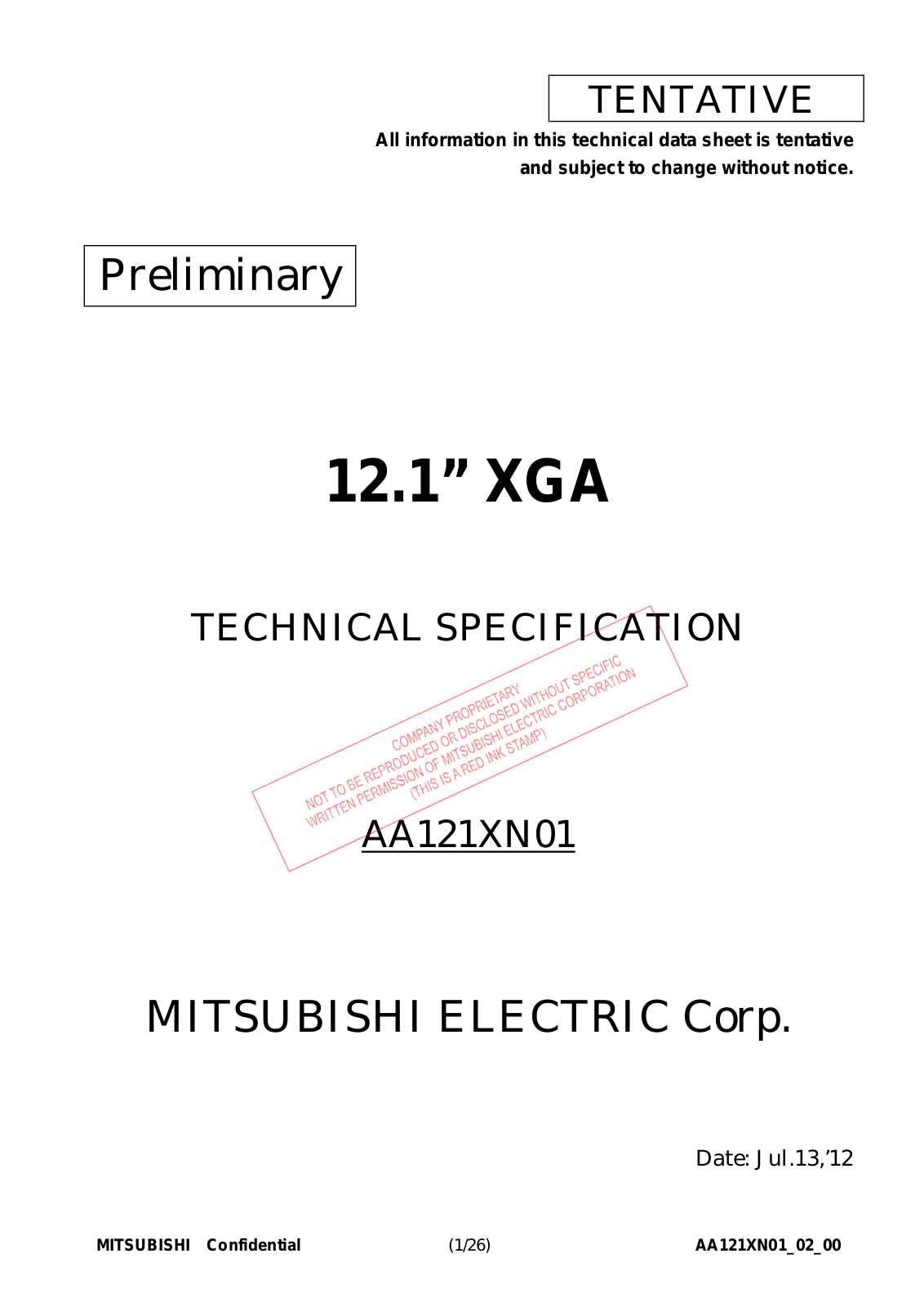 Mitsubishi AA121XN01 Specification