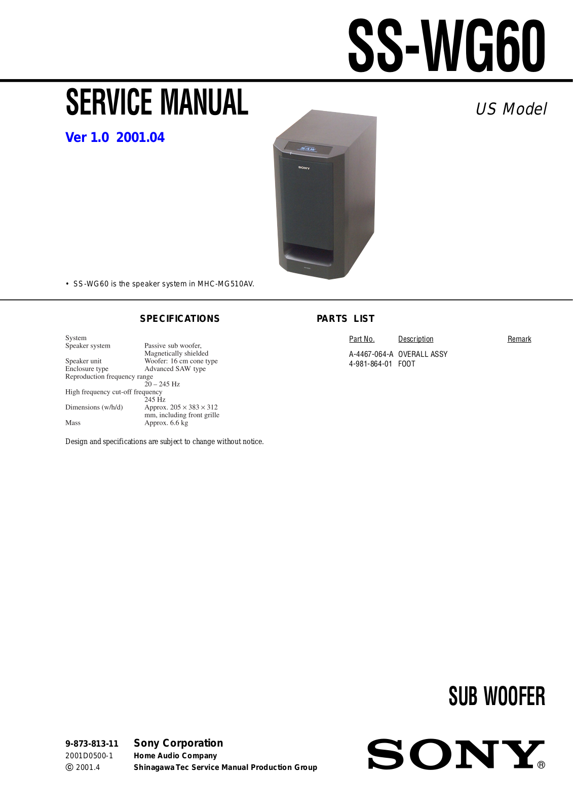 Sony SS-WG60 Service Manual