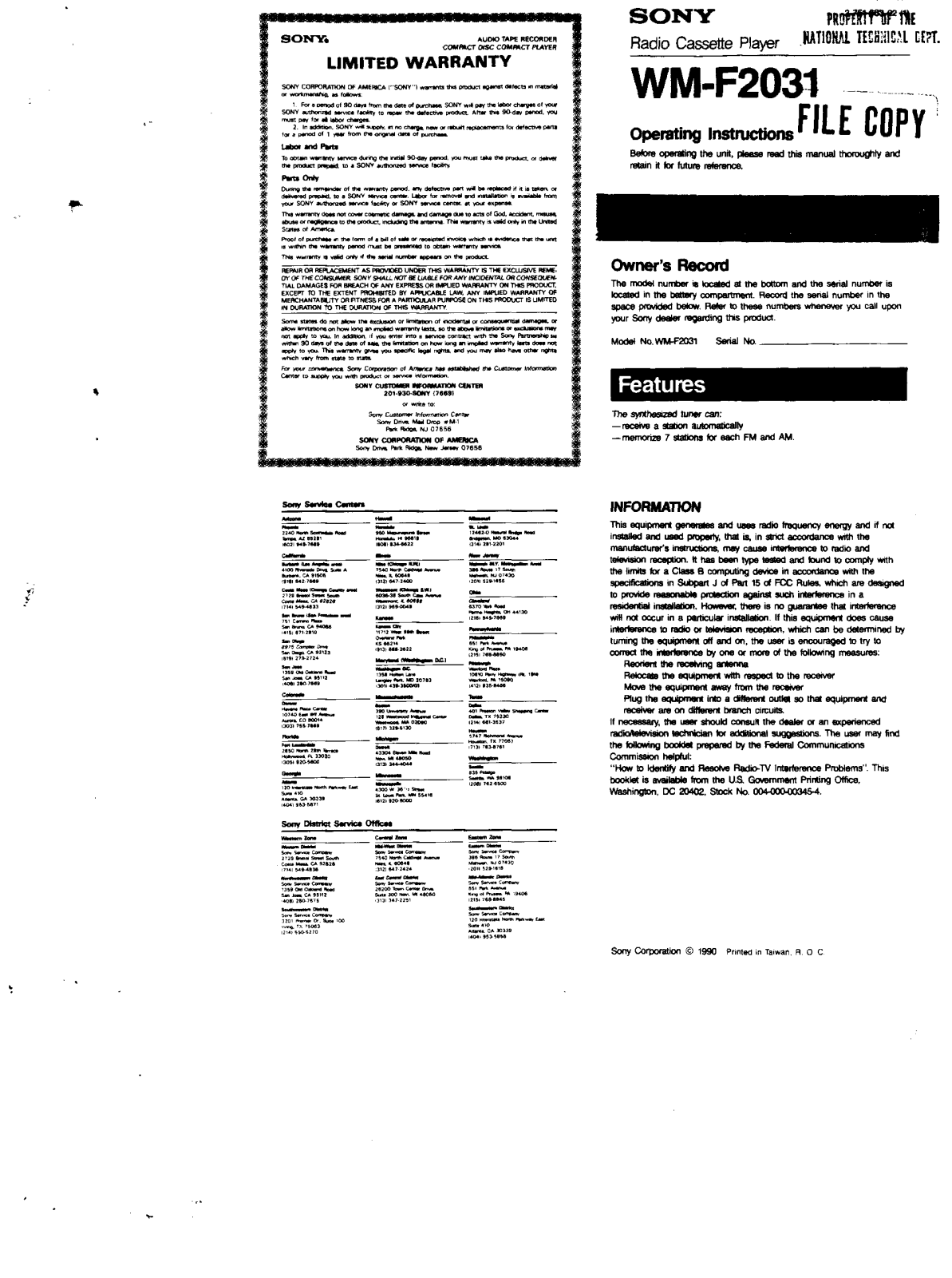 Sony WM-F2031 User Manual