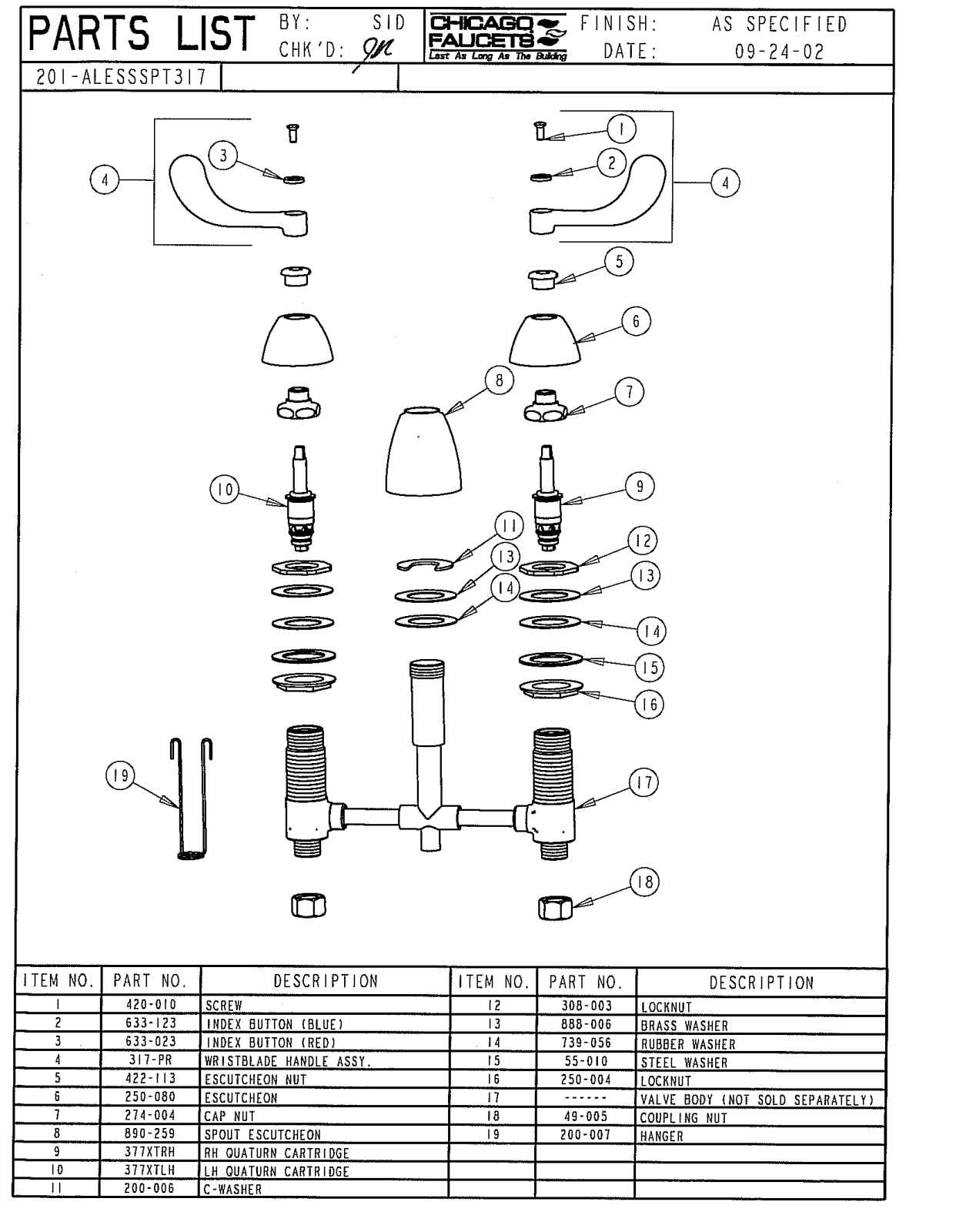 Chicago Faucet 201-ALESSSPT317CP Parts List