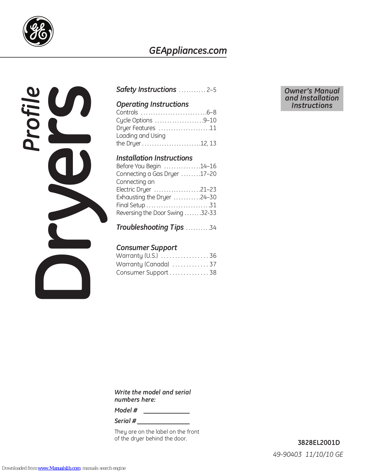 GE PTDN805GM, PTDS850EM, PTDN805EM, PTDN800EM, PTDN800GM Owner's Manual And Installation Instructions