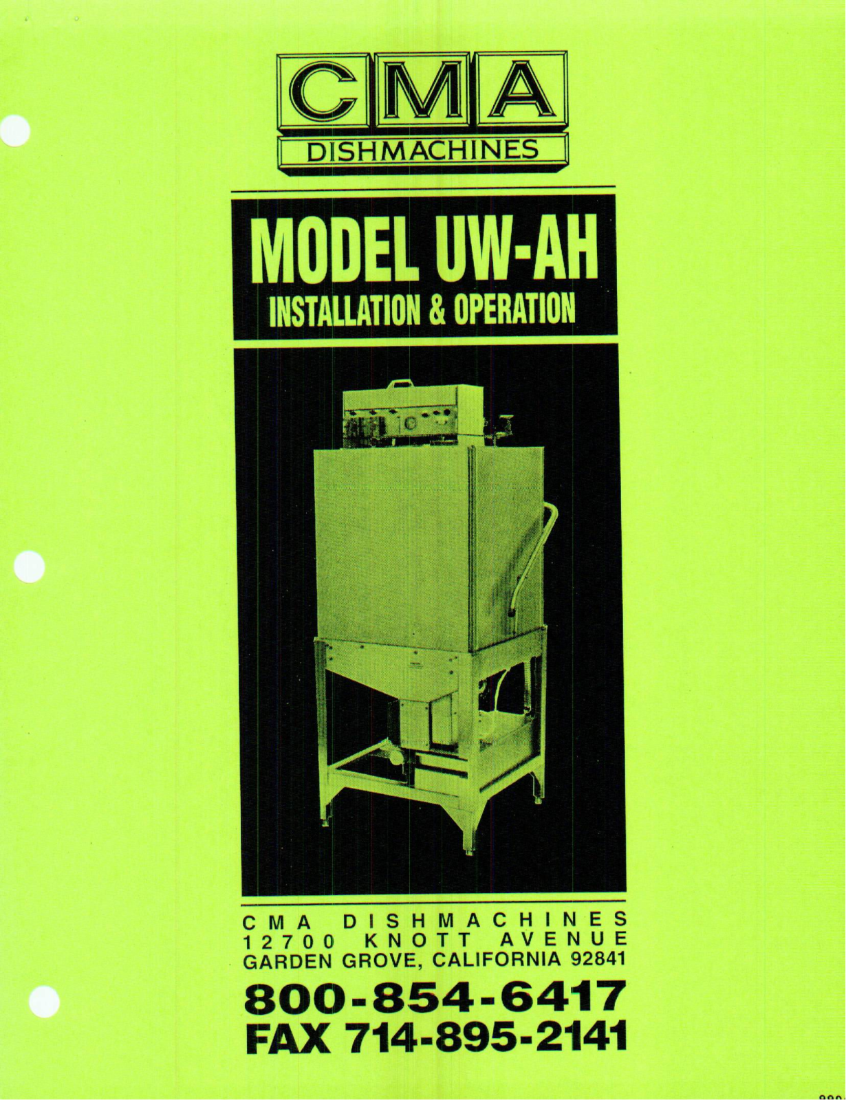 CMA Dishmachines UW-AH Installation  Manual