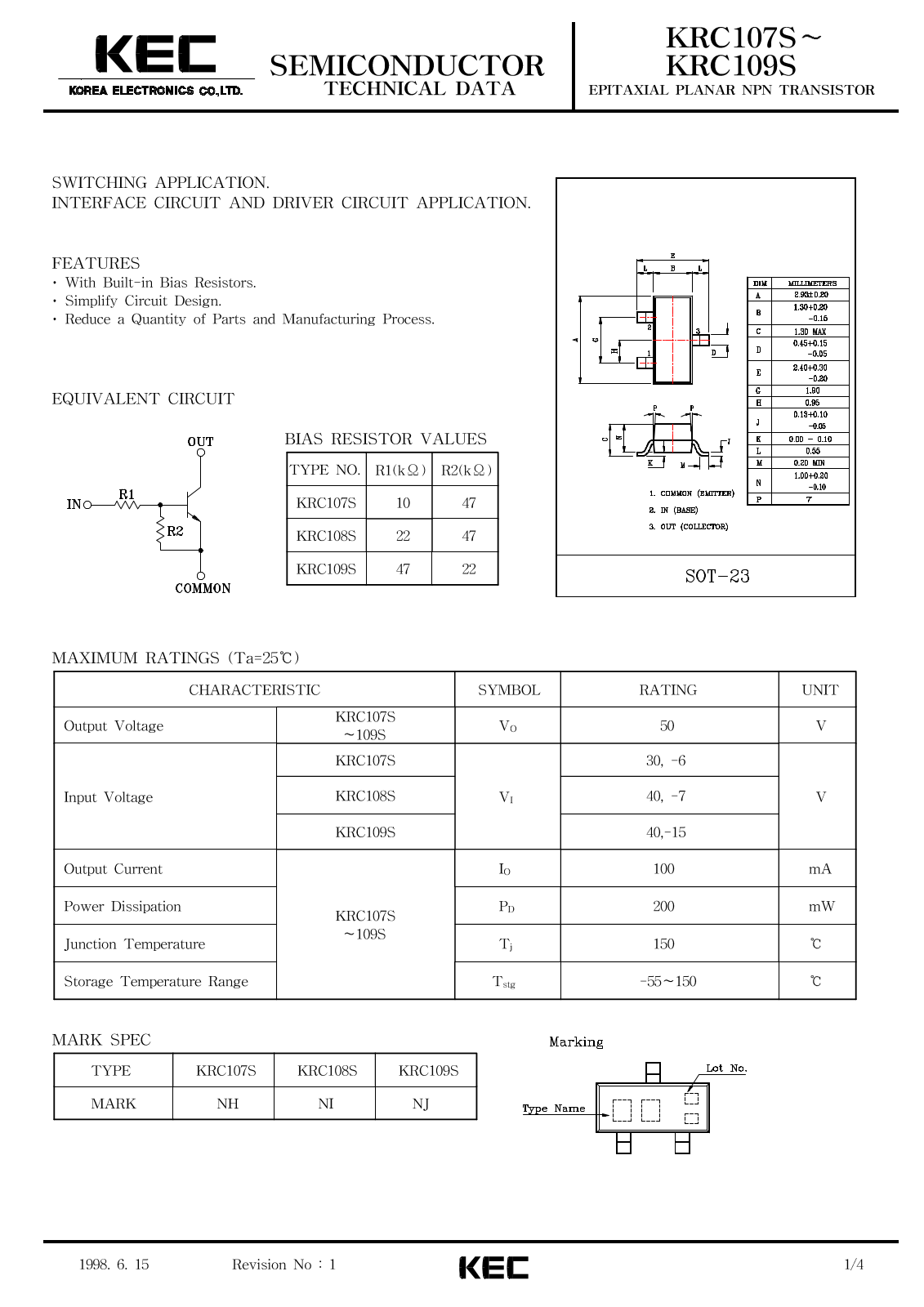 KEC KRC107S, KRC108S, KRC109S Datasheet