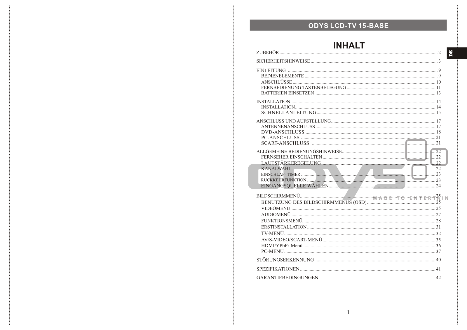 Odys 15 BASE LCD TV Operating instructions