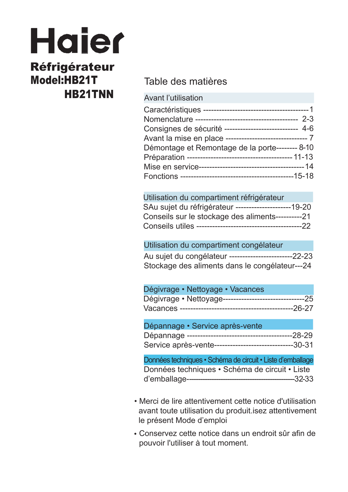 Haier HB21T User Manual