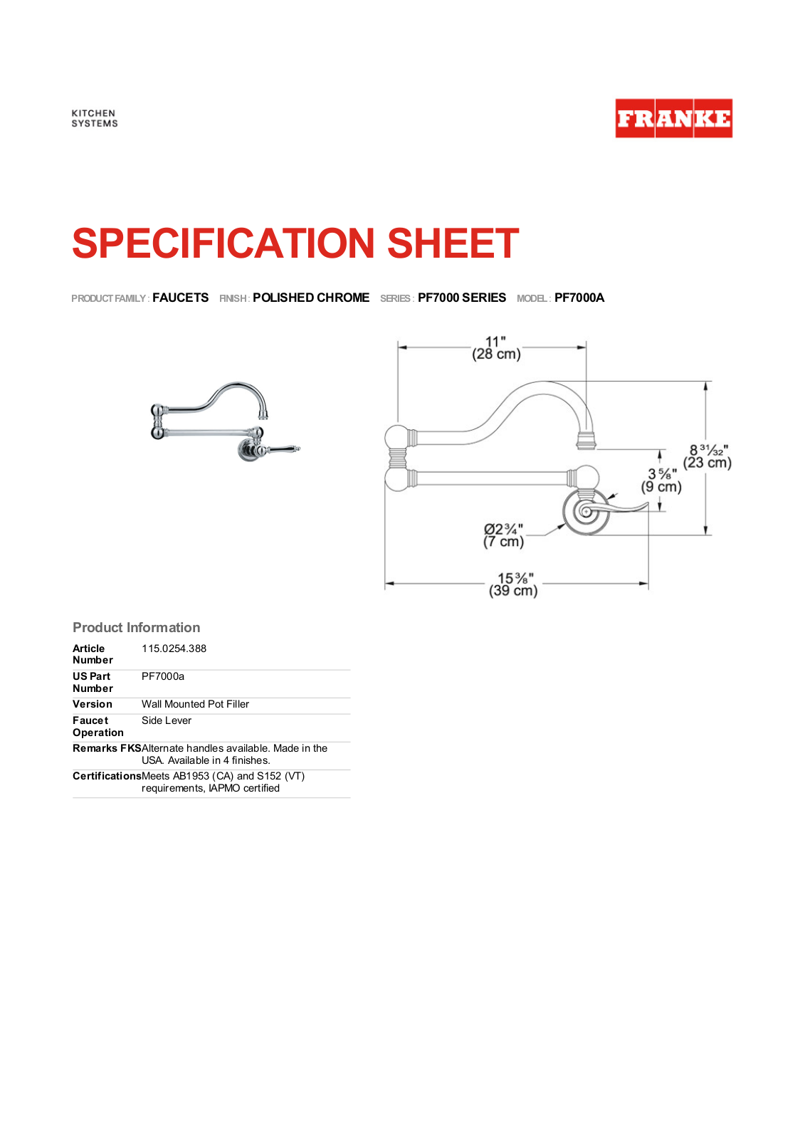 Franke Foodservice PF7000A User Manual