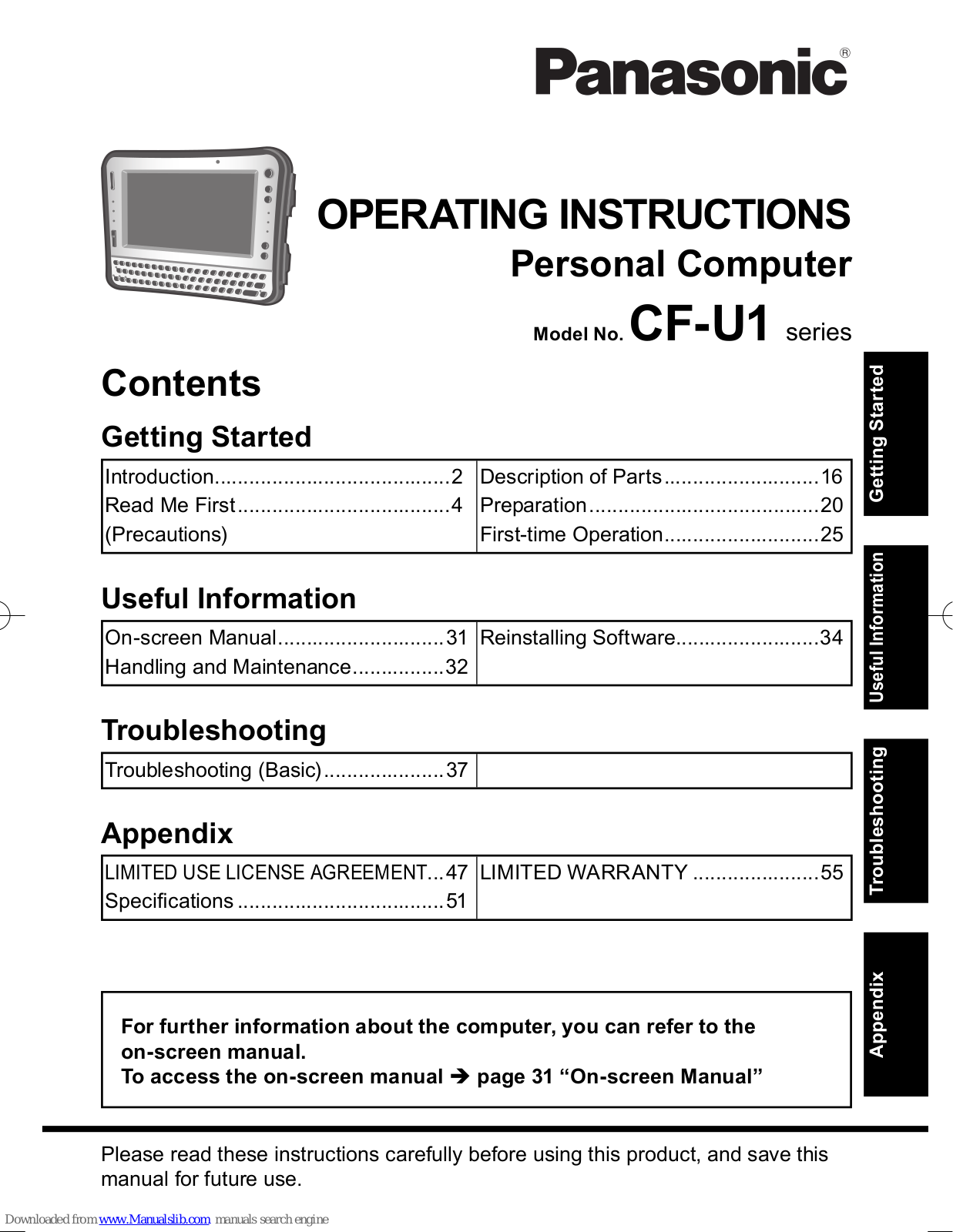 Panasonic CF-U1A1B1Z2M, CF-U1A1B2ZAM, CF-U1A1B2Z2M, CF-U1A1B1ZAM, CF-U1A1B5DAM Operating Instructions Manual