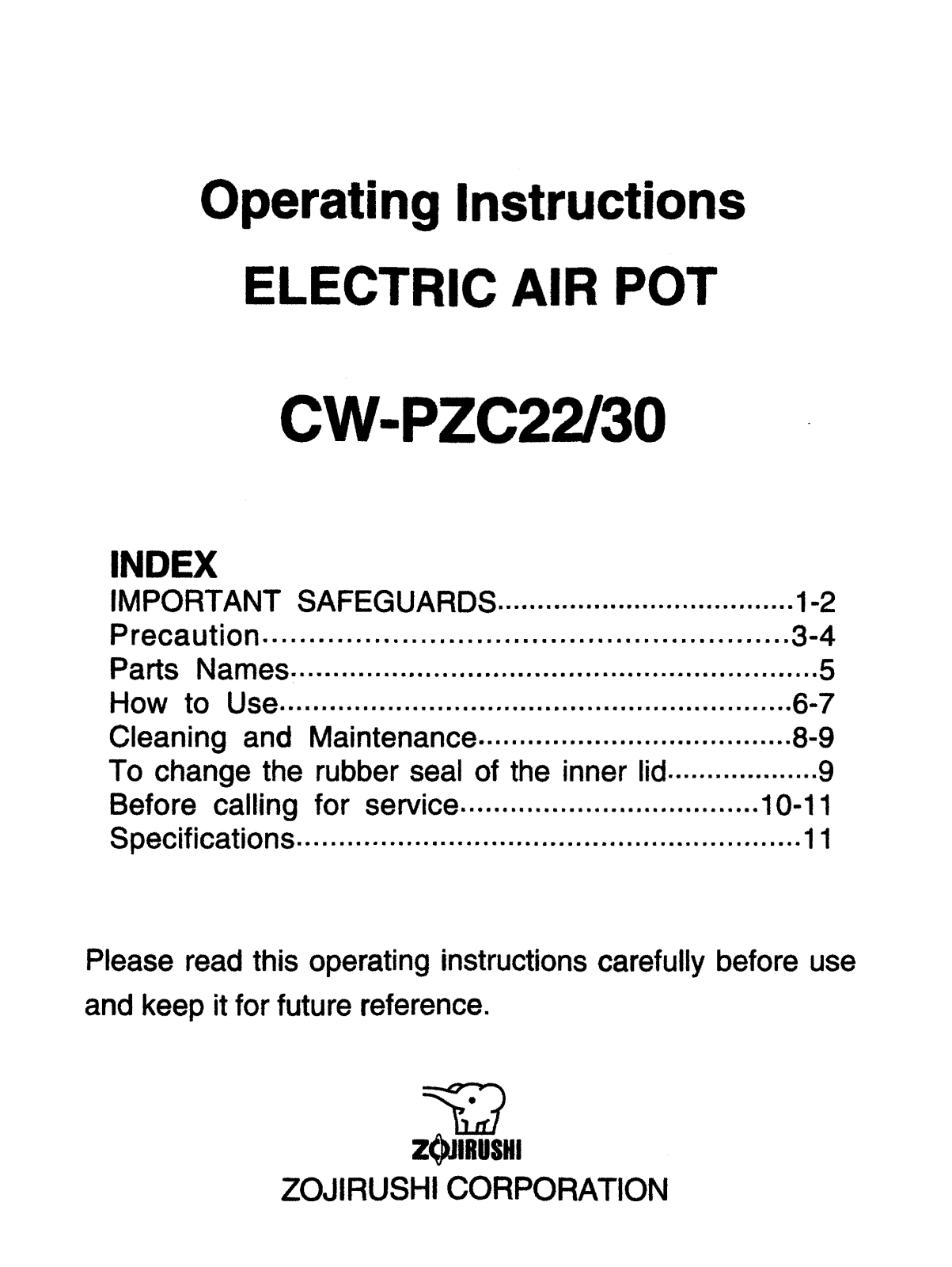 Zojirushi CW-PZC22 Installation  Manual