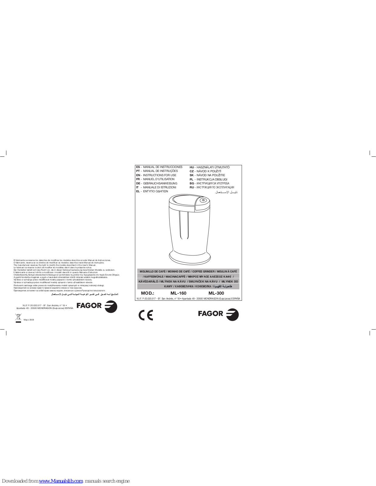 Fagor ML-160, ML-300 Instructions For Use Manual