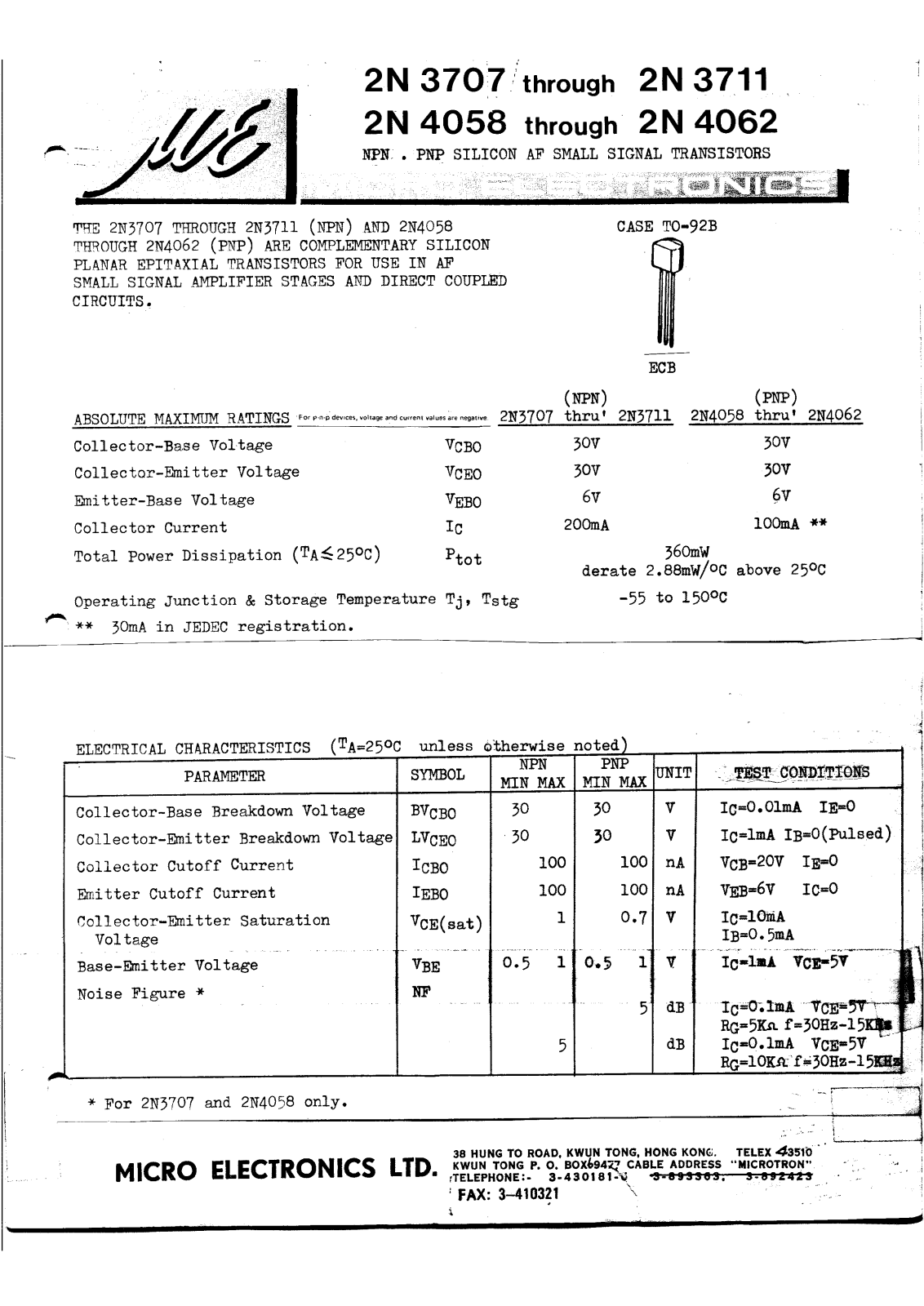 ME 2N4062, 2N4061, 2N4060, 2N4059, 2N4058 Datasheet