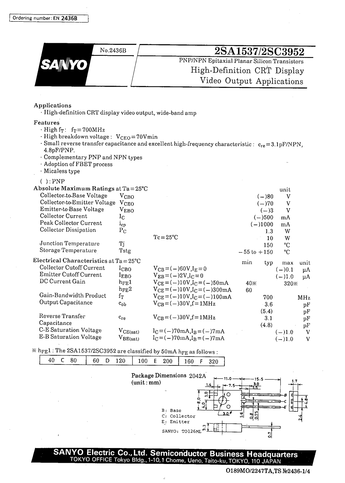 SANYO 2SC3952, 2SA1537 Datasheet