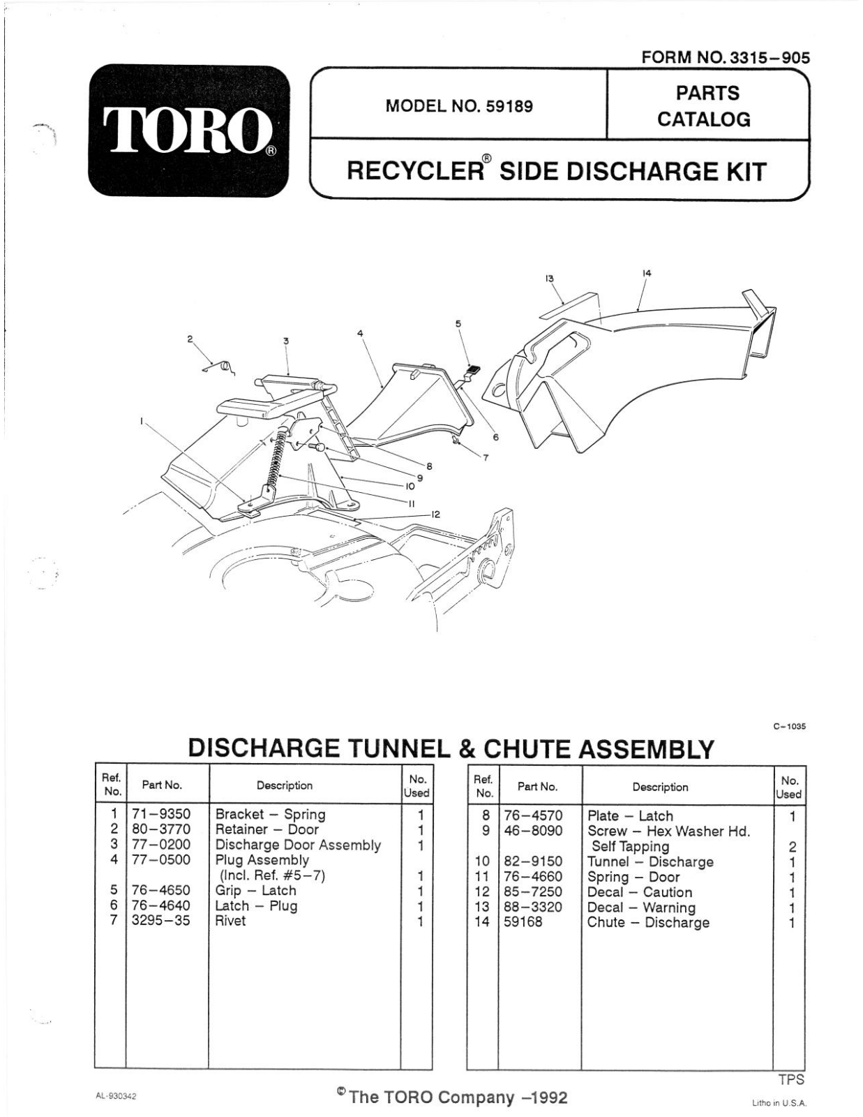 Toro 59189 Parts Catalogue