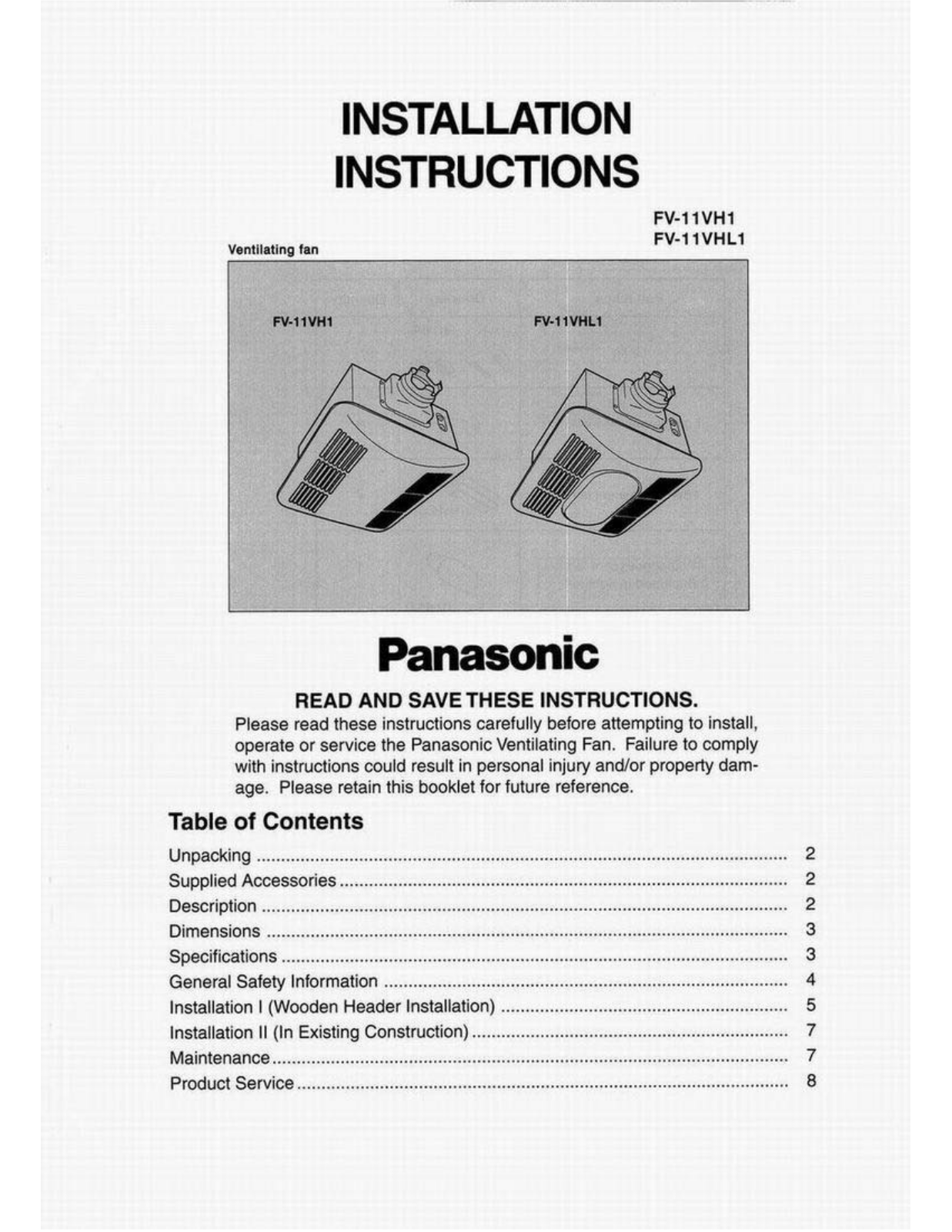 Panasonic fv11vh1 Operation Manual