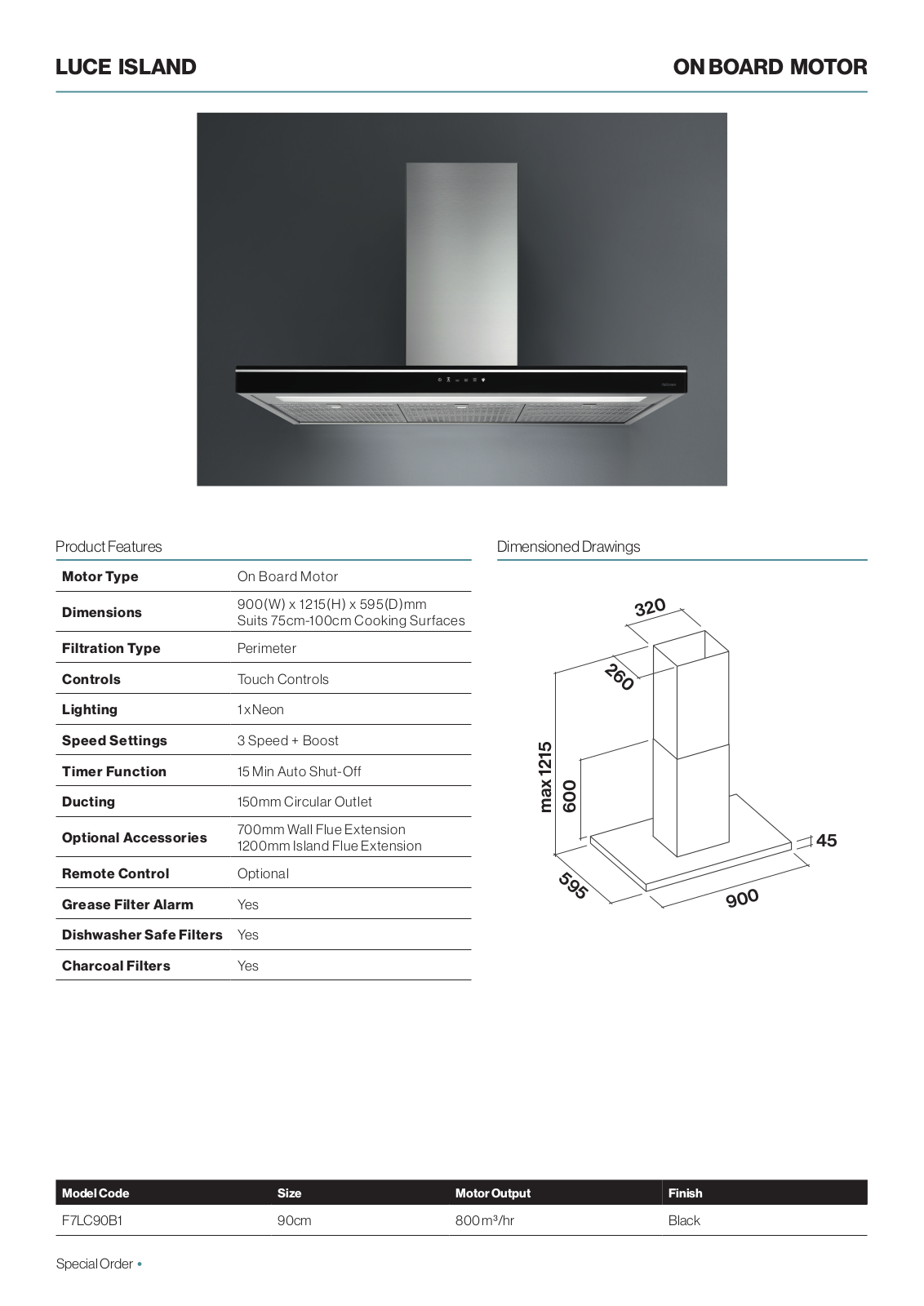 Falmec F7LC90B1 Specifications Sheet