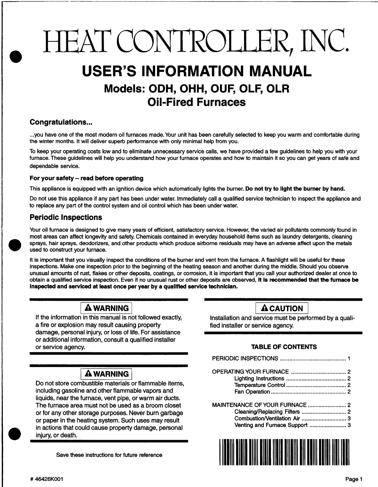 Heat Controller ODH-OHH-OUF-OLF-OLR Owner's Manual