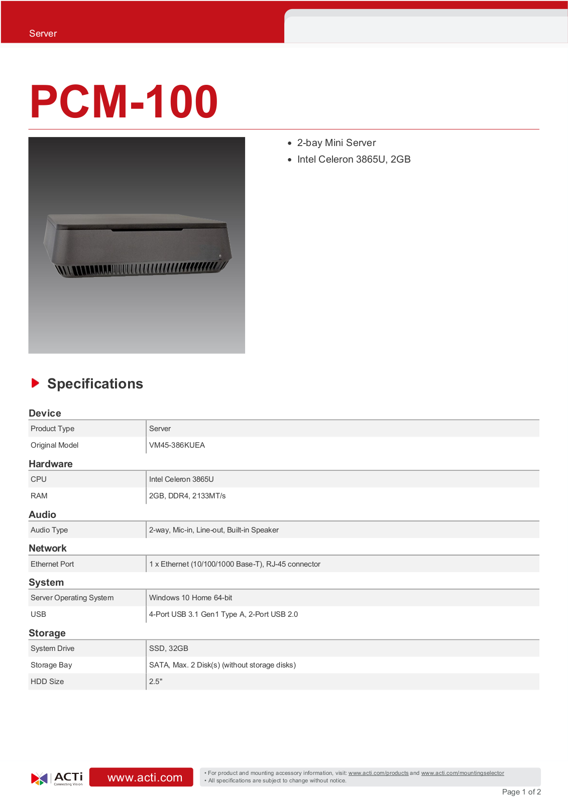 ACTi PCM-100 Specsheet