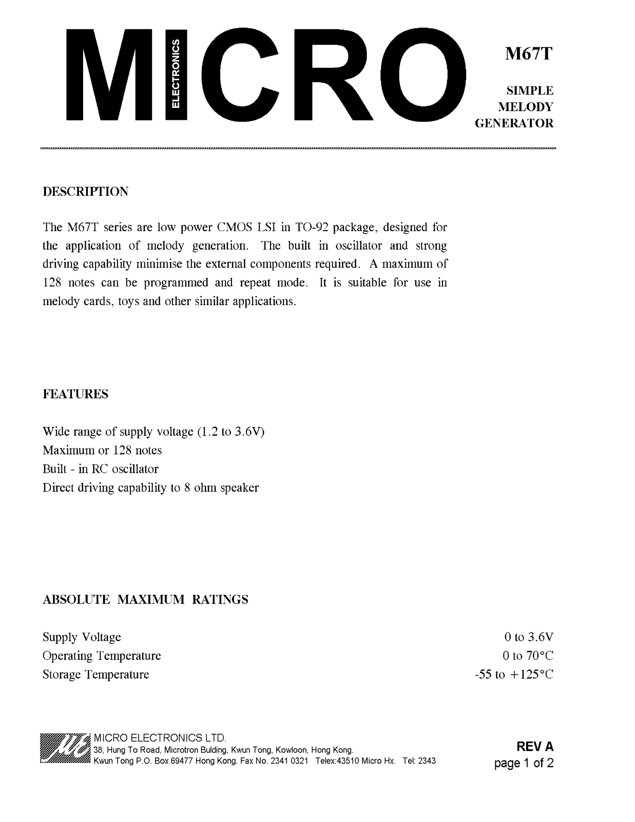 MICRO M67T Datasheet