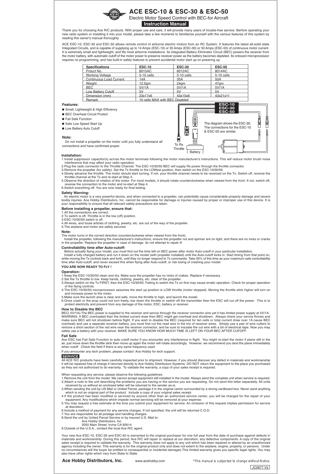 ACE RC ESC-10, ESC-30, ESC-50 User Manual