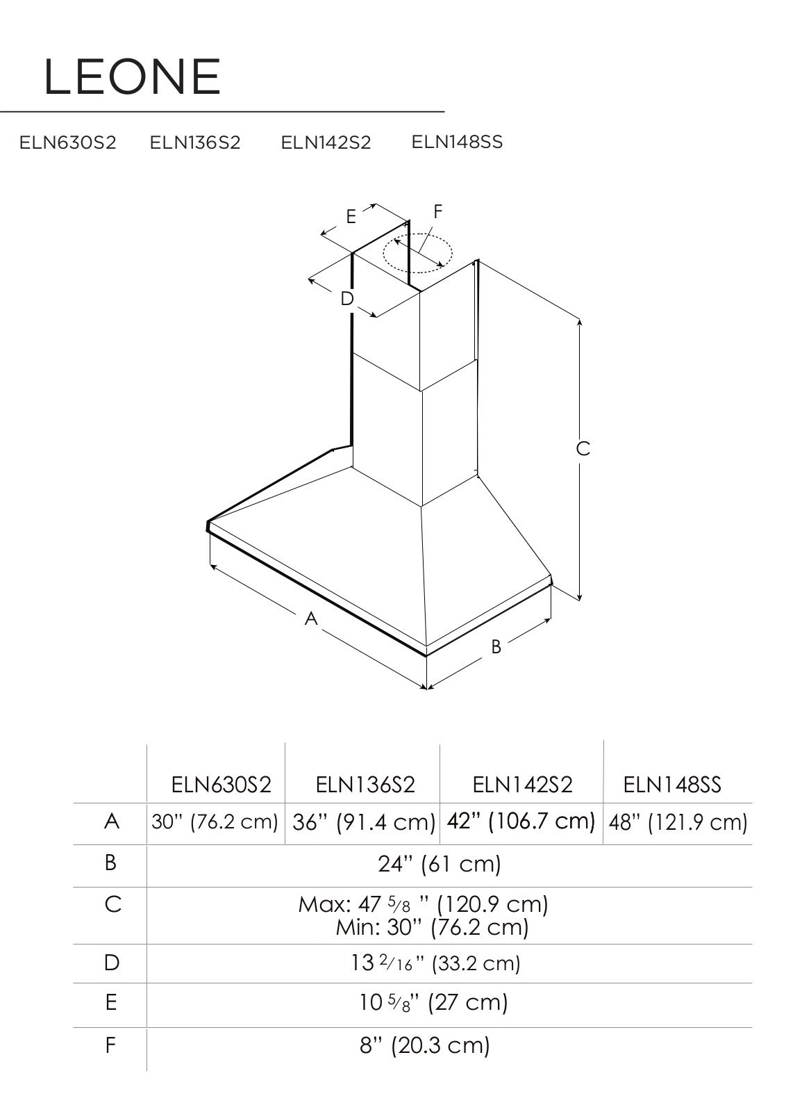 Elica ELN630S2, ELN136S2, ELN142S2, ELN148SS Dimensions Guide