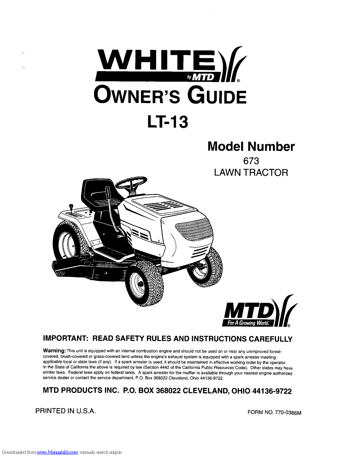 MTD LT13 673, White LT-13, White 673 Owner's Manual