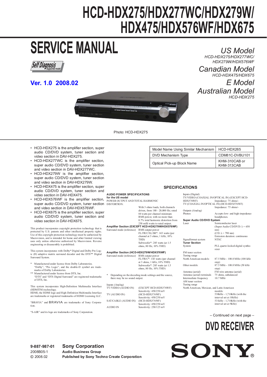 Sony HCD-HDX275, HCD-HDX277WC, HCD-HDX279W, HCD-HDX475, HCD-HDX576WF Service Manual