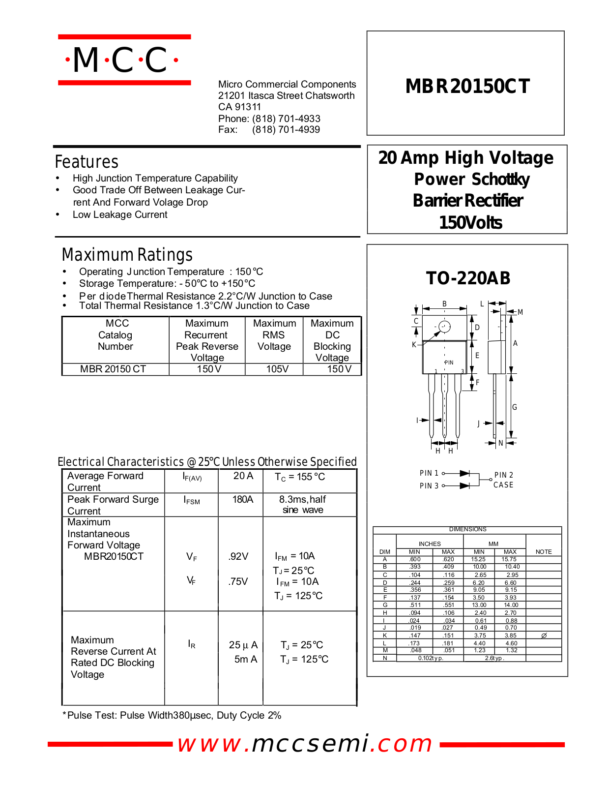 MCC MBR20150CT Datasheet