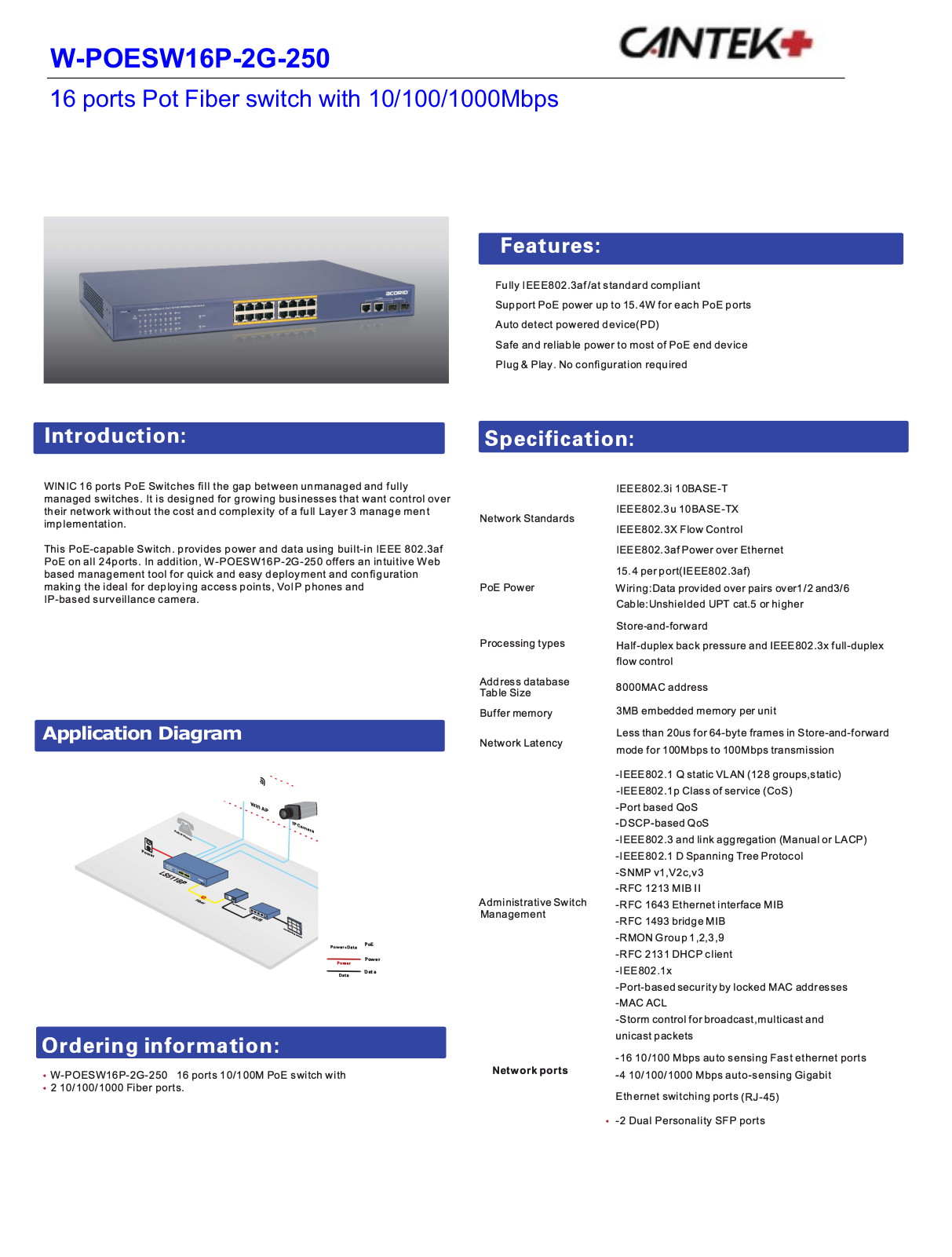 Cantek CT-W-POESW16P-2G-250 Specsheet