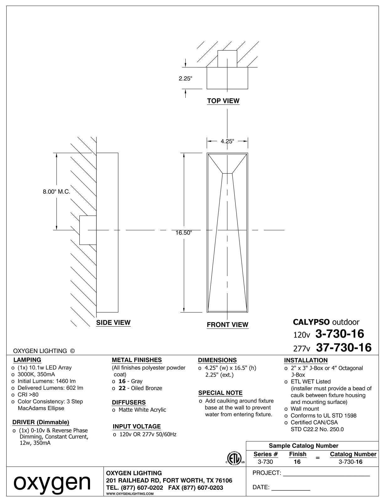 Oxygen Lighting OXGN1268 Specifications - ManualMachine.com