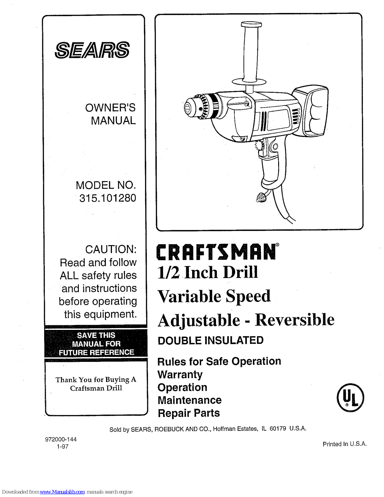 Sears craftsman 315.101280 Owner's Manual