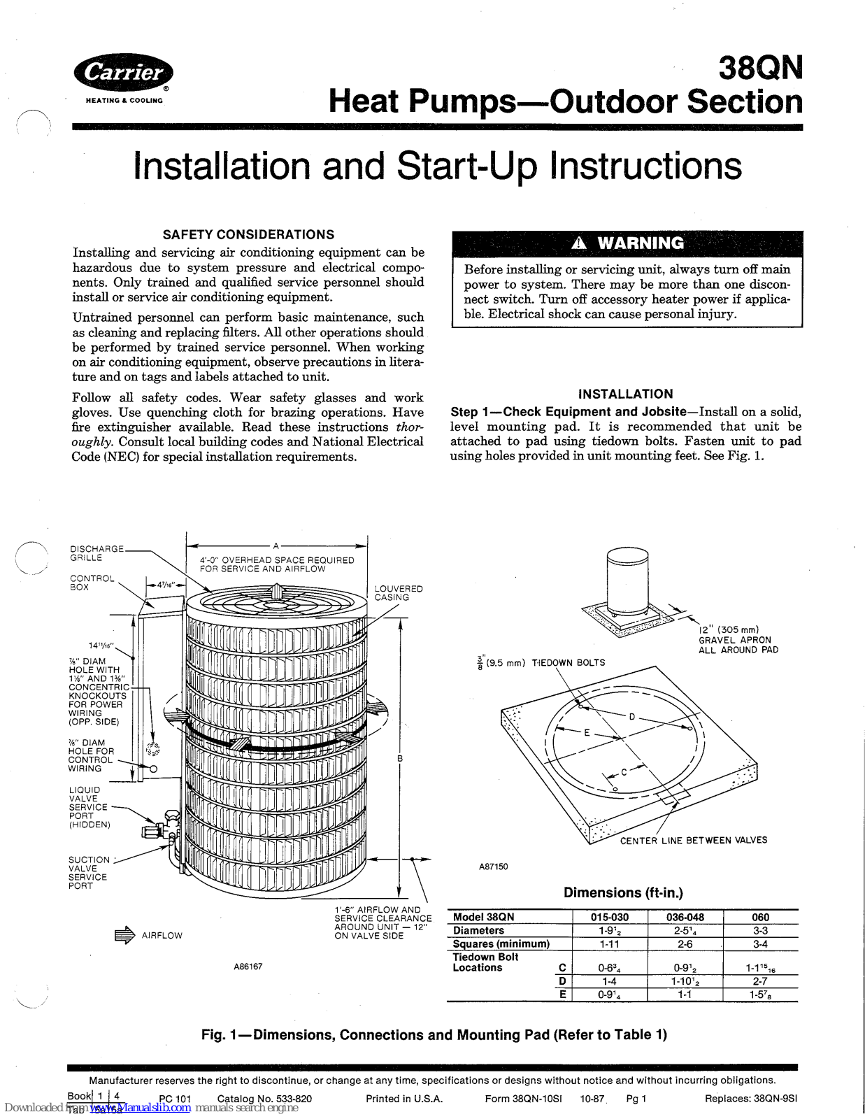 Carrier 38QN015, 38QN018, 38QN024, 38QN030, 38QN036 Installation And Start-up Instructions Manual