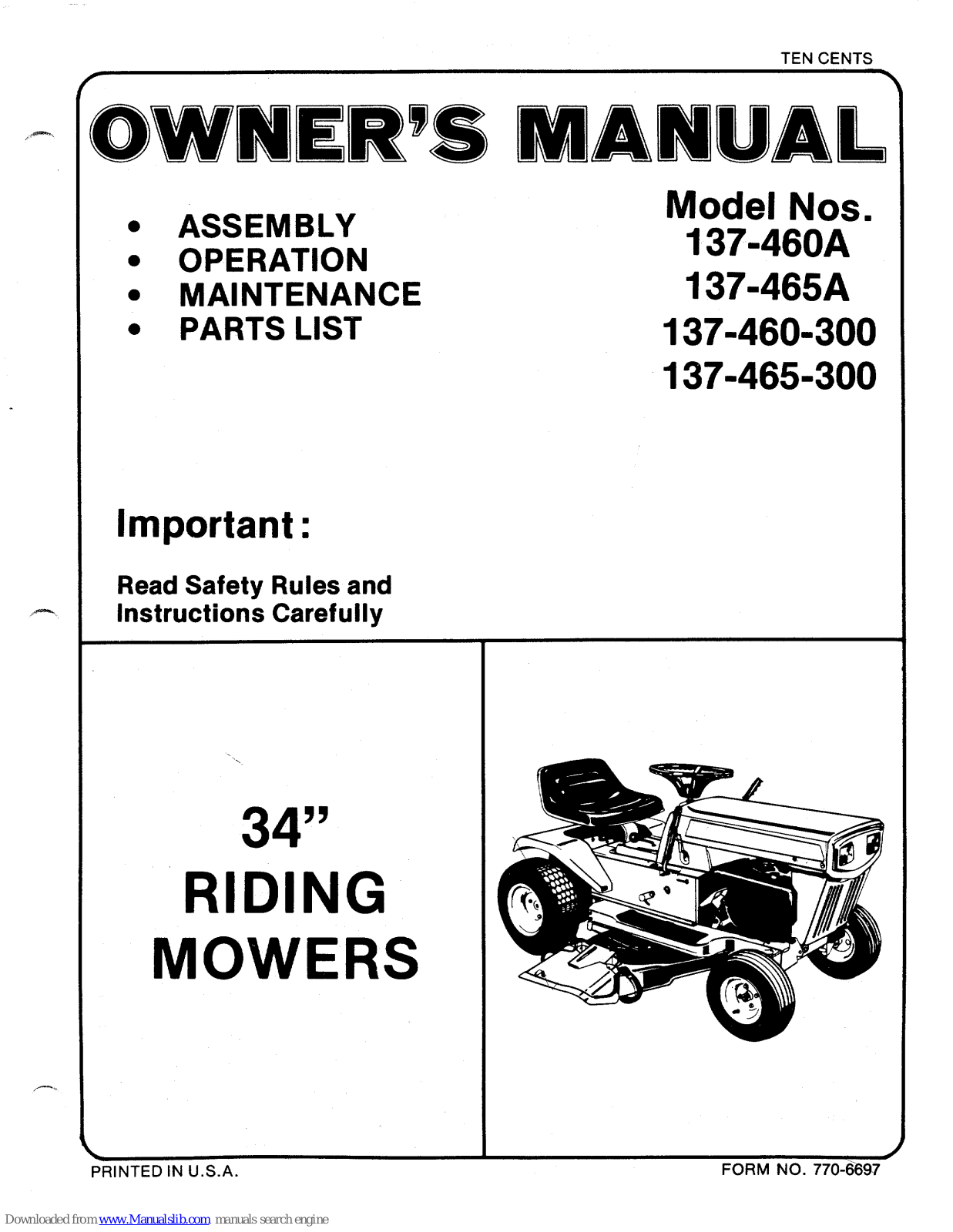 MTD 137-460-300, 137-460A, 137-465A, 137-645-300, 137-465-300 Owner's Manual