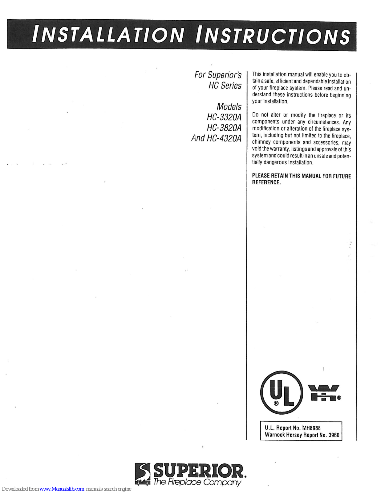 Superior HC-3320A, HC-4320A, HC-3820A Installation Instructions Manual