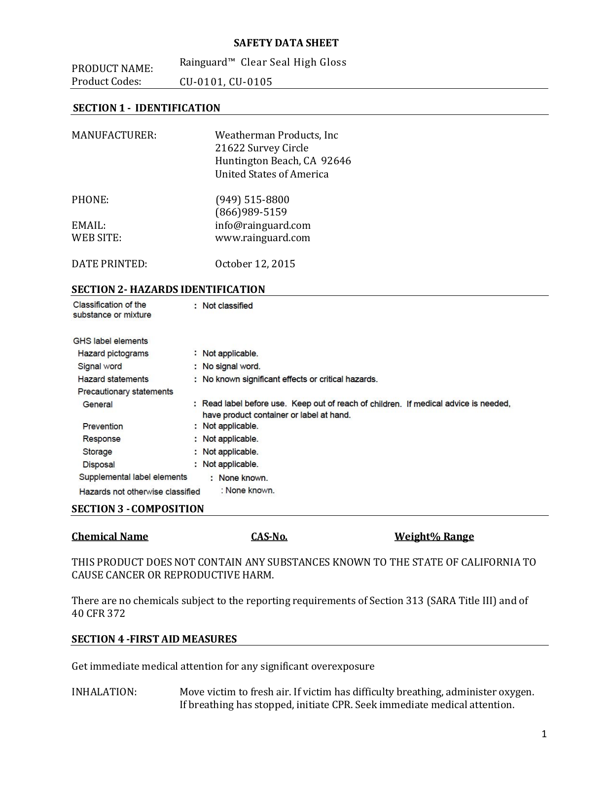 Rainguard International CU- 0105 User Manual