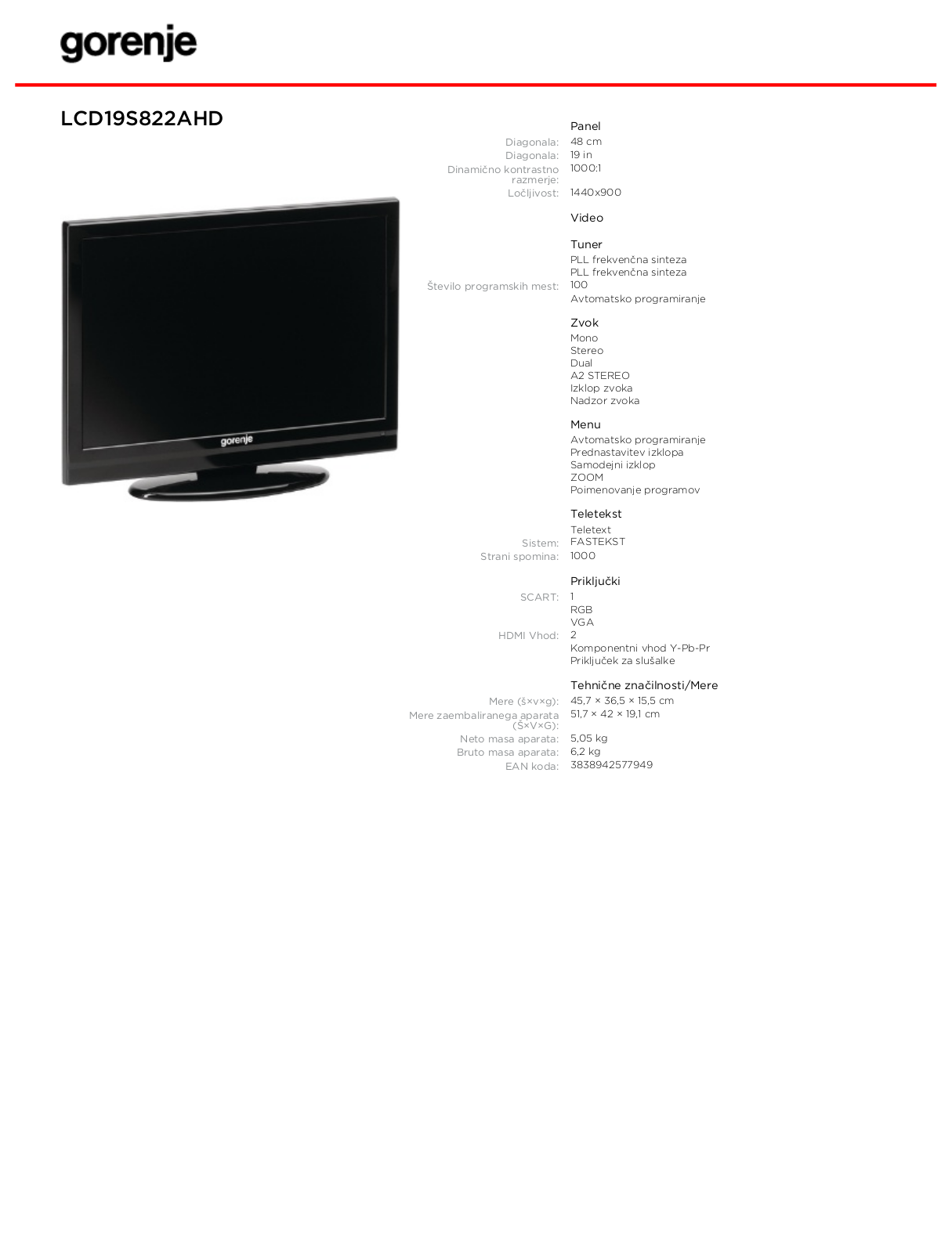 Gorenje LCD19S822AHD BROCHURE