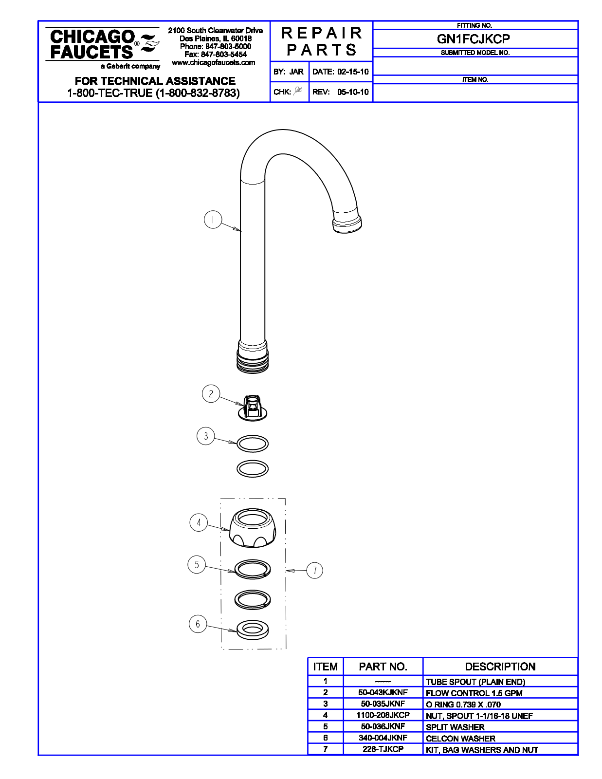 Chicago Faucet GN1FCJKABCP, GN1FCJKCP Parts List