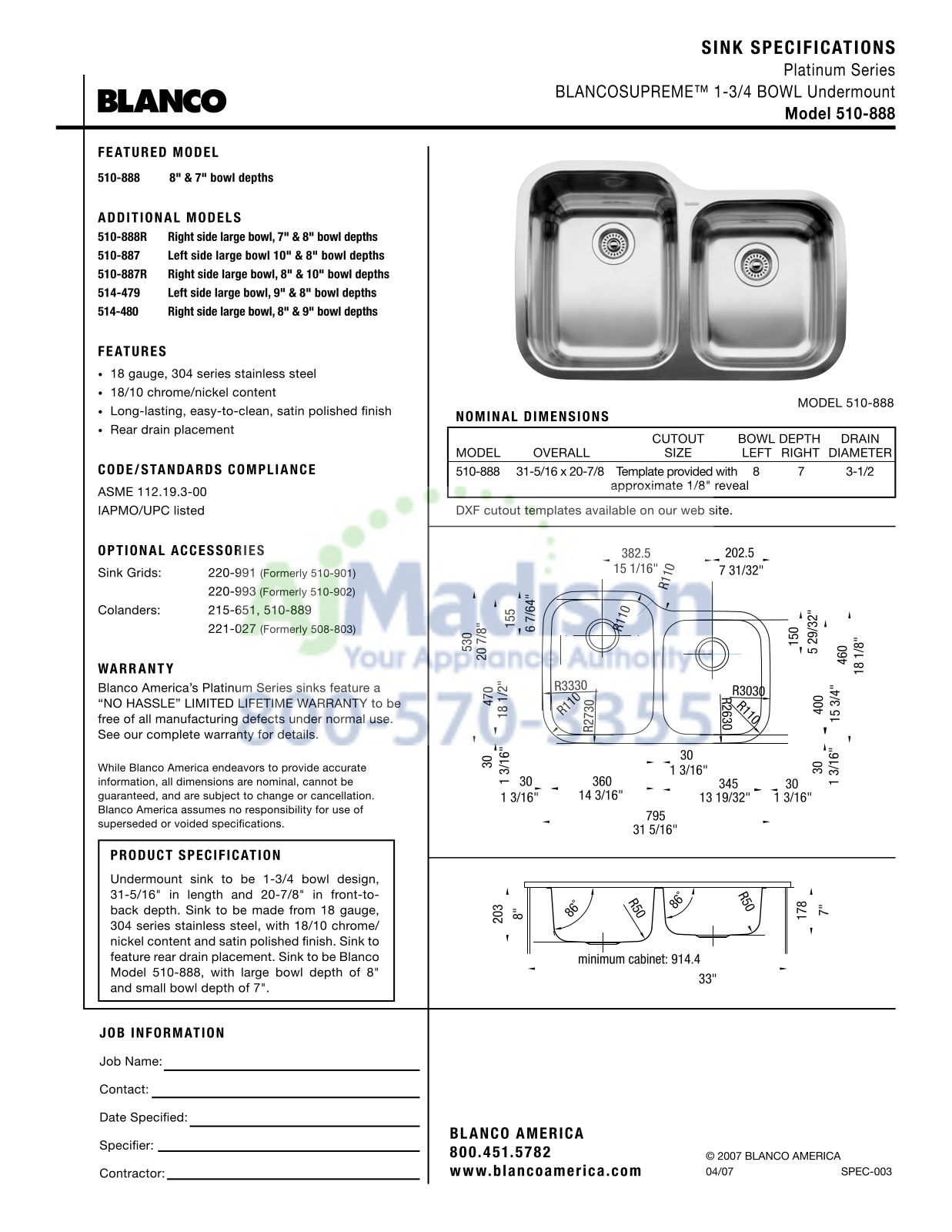 Blanco 440234 Specs