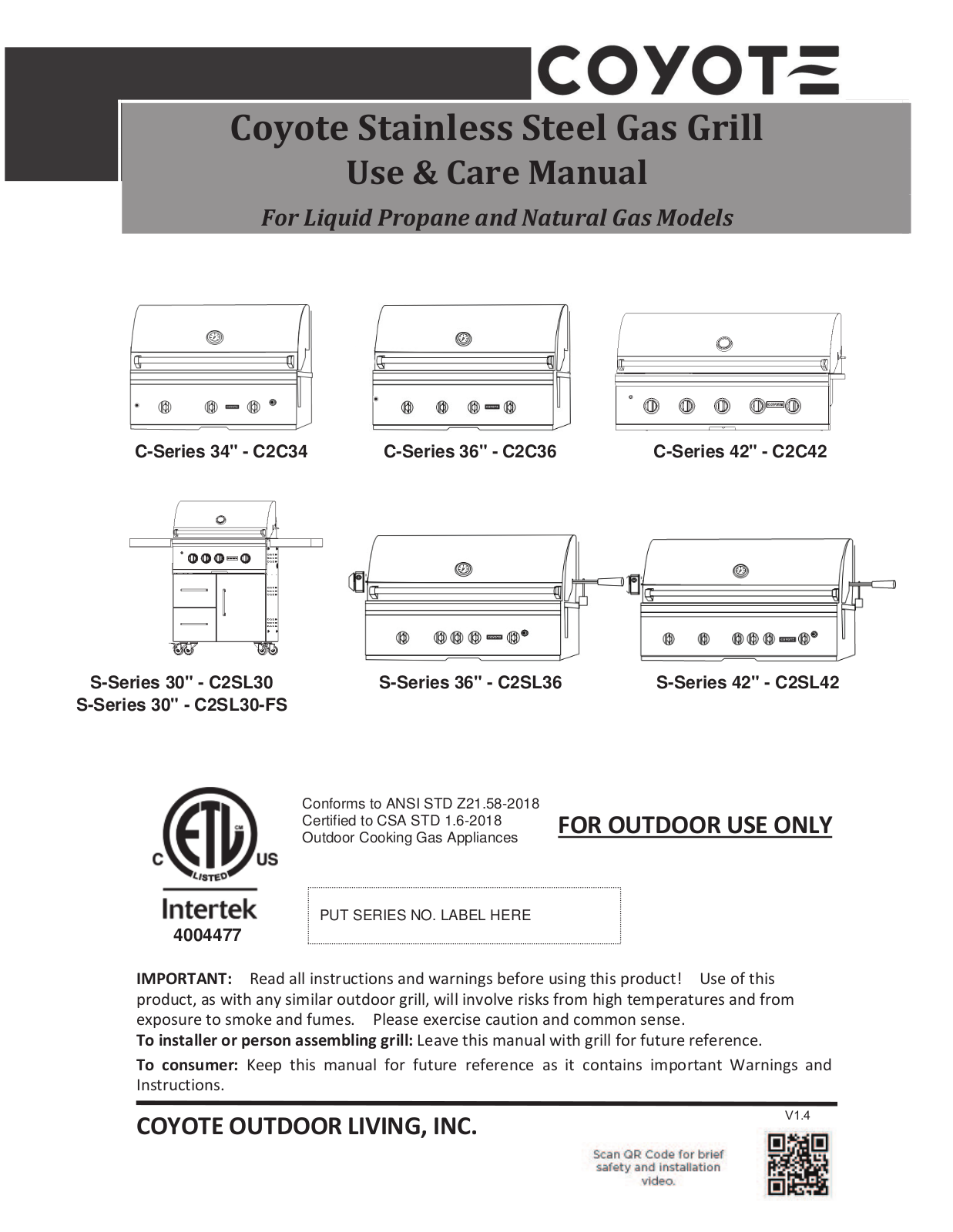 Coyote C2SL42NG, C2SL30LP-FS, C2SL36LP, C2C42LP, C2C36LP Use and Care Manual