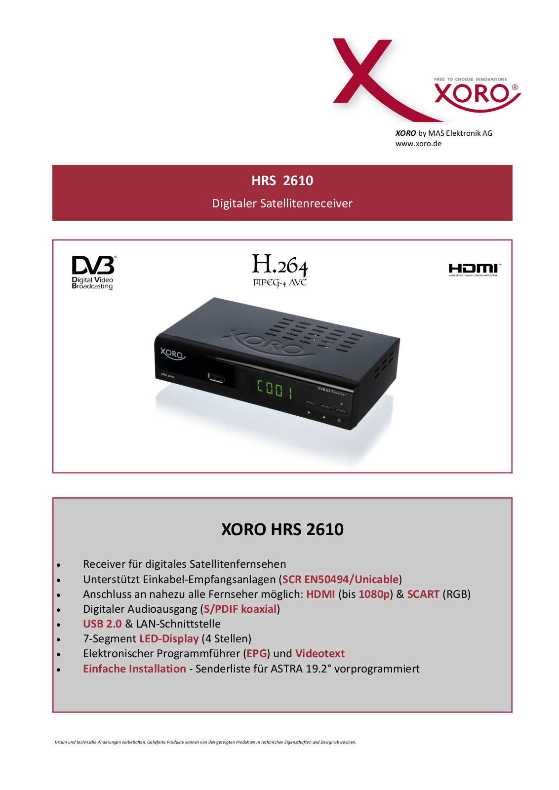 Xoro HRS 2610 User Manual