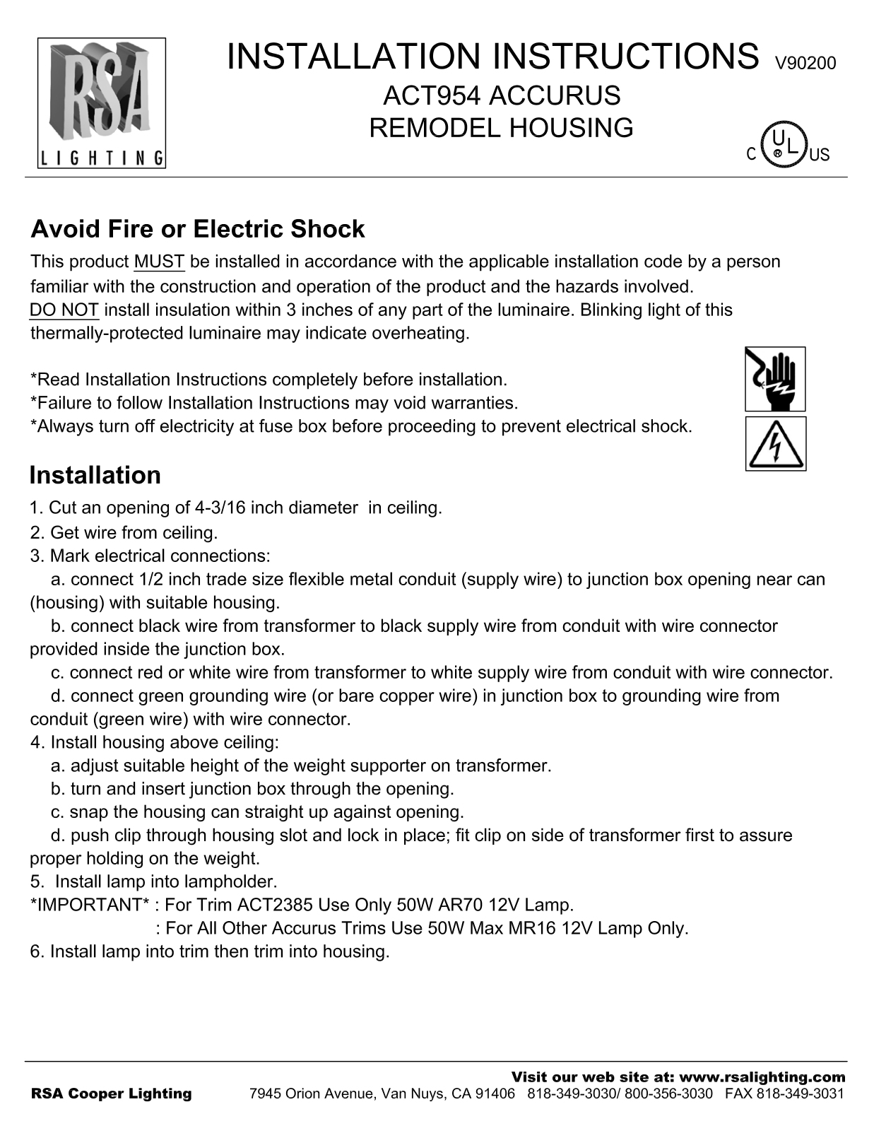 Cooper Lighting ACT954 User Manual