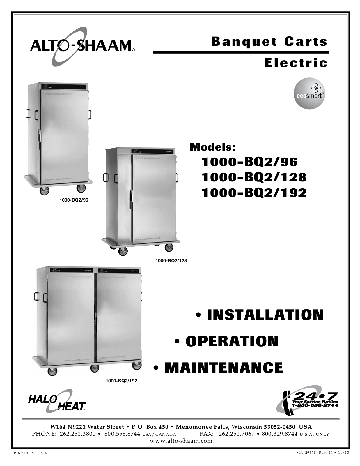 Alto-Shaam Electric Banquet Carts, 1000-BQ2-192, 1000-BQ2-128, 1000-BQ2-96 User Manual